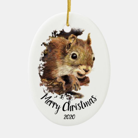 Custom Dated Niedlich Eichhörnchen Peeking Frohe W Keramikornament (Vorne)