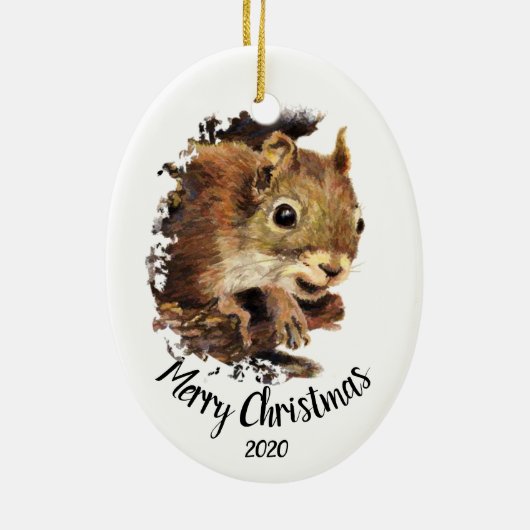 Custom Dated Niedlich Eichhörnchen Peeking Frohe W Keramikornament (Hinten)