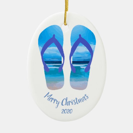 Custom Dating Christmas Beach Scene Flip Flops Keramikornament (Vorne)