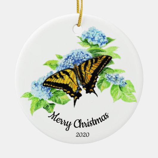 Custom Dating Christmas Butterfly Hydrengea Blume Keramik Ornament (Vorne)