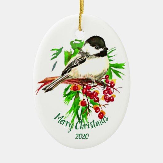 Custom Dating Christmas Chickadee Bird Red Berries Keramikornament (Vorne)
