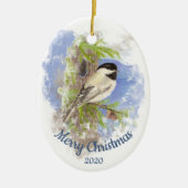 Custom Dating Christmas Mountain Chickadee Bird Keramik Ornament (Vorne)