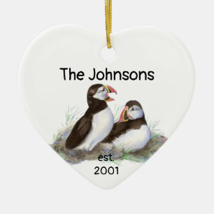Custom Dating Christmas Together Puffins Bird Keramik Ornament