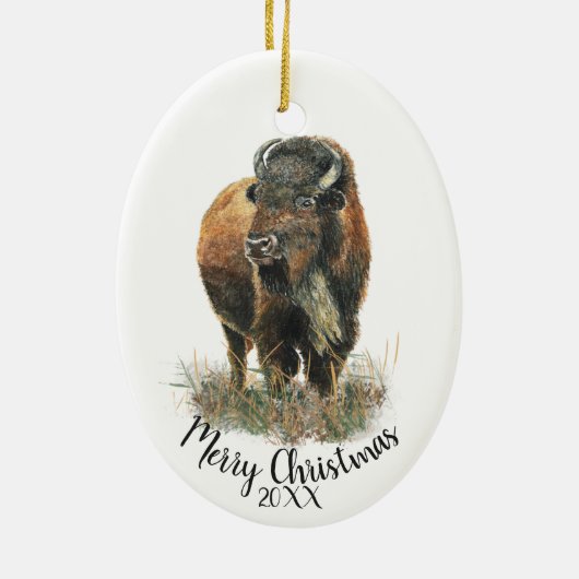 Custom Dating Christmas Wassercolor Bison Buffalo Keramik Ornament (Hinten)