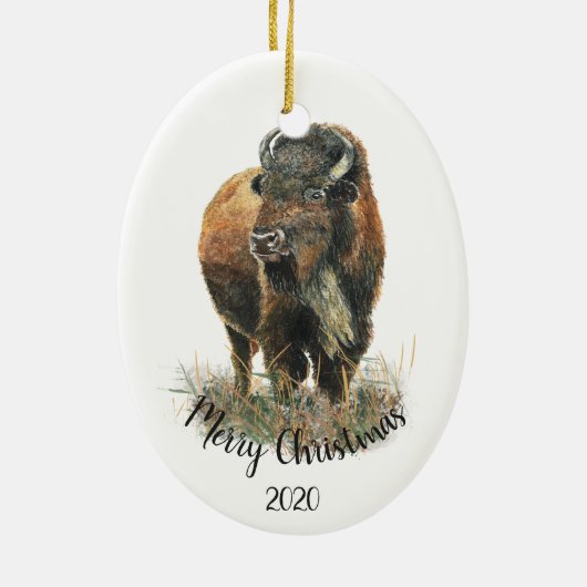 Custom Dating Christmas Watercolor Bison Buffalo Keramik Ornament (Hinten)
