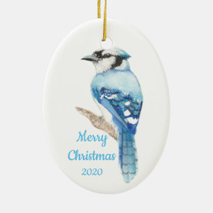 Custom Dating Christmas Watercolor Blue Jay Bird Keramik Ornament