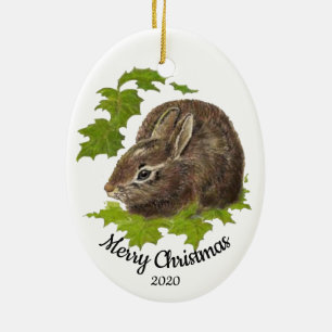 Custom Dating Christmas Watercolor Bunny Rabbit Keramik Ornament