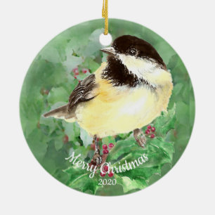 Custom Dating Christmas Watercolor Chickadee Bird Keramik Ornament