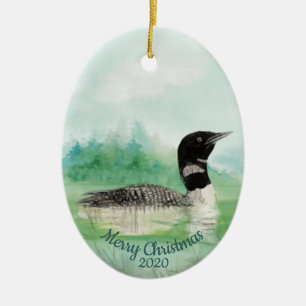 Custom Dating Christmas Watercolor Common Loon Bir Keramik Ornament