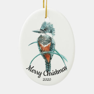 Custom Dating Christmas Watercolor Kingfisher Bird Keramikornament