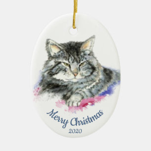 Custom Dating Christmas Watercolor Tabby Cat Keramik Ornament