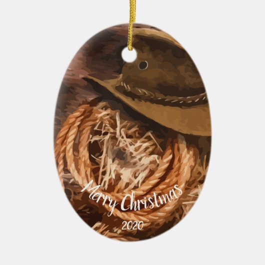 Custom Dating Christmas Western Cowboy Hat Lariat Keramik Ornament (Vorne)
