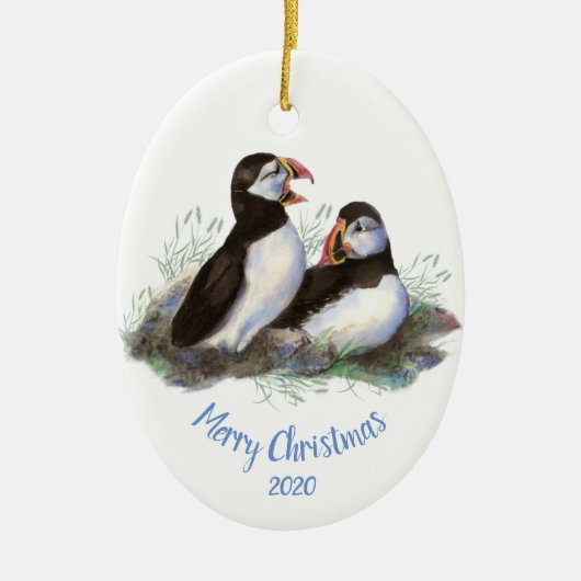 Custom Dating Puffin Ocean Bird Keramik Ornament (Vorne)