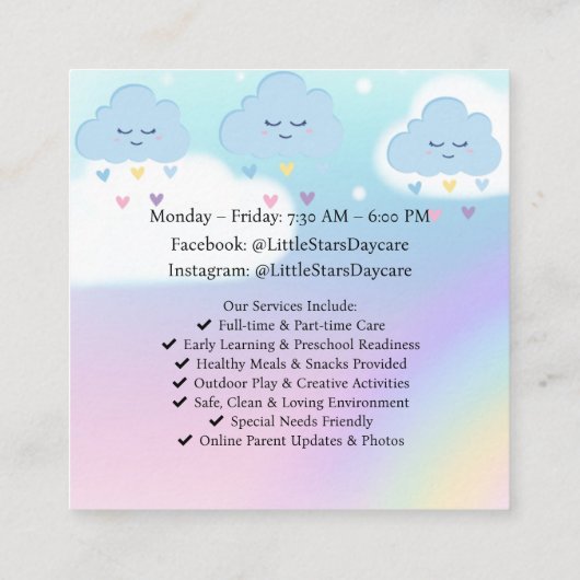 Custom Daycare Business Card | Cute Pastel Rainbow Quadratische Visitenkarte (Rückseite)