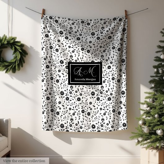 Custom Decorative Blanket Black White Wildflowers Fleecedecke