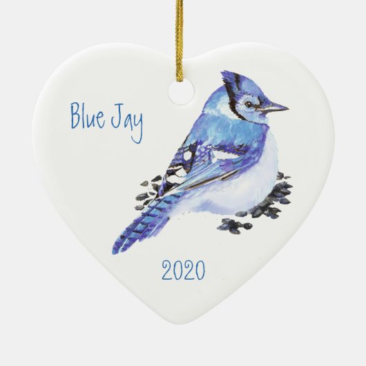 Custom Ded Blue Jay Bird Wasserfarbe Kunst Keramikornament (Hinten)