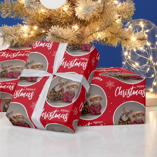 Custom Deep Red Merry Christmas One Circle Photo Geschenkpapier (Feiertage)