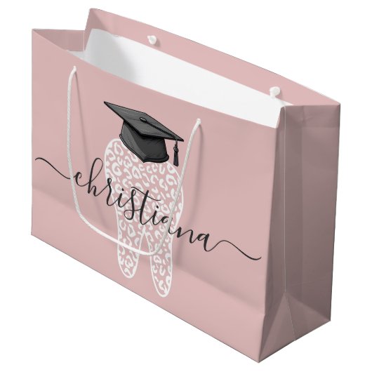 Custom Dental Abschluss Leopard Print Tooth Grad Große Geschenktüte (Vorderseite Schrägansicht)