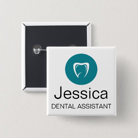 Custom Dental Assistant Name Badge Tooth Logo Button (Vorne & Hinten)
