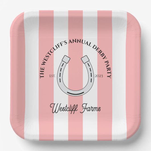 Custom Derby Party Pink Cabana Stripes Horseshoe Pappteller (Vorderseite)