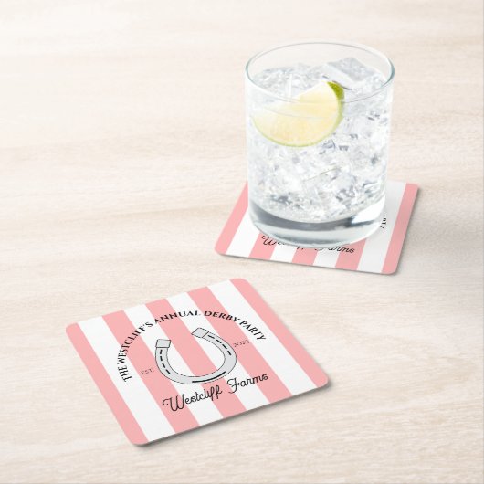 Custom Derby Party Pink Cabana Stripes Horseshoe Rechteckiger Pappuntersetzer (Vor Ort)