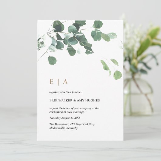 Custom Design #2 - Eukalyptus-Blätter & Gold Einladung (Stehend Vorderseite)