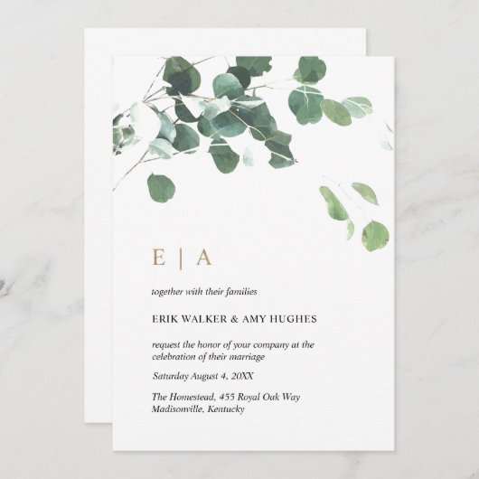 Custom Design #2 - Eukalyptus-Blätter & Gold Einladung (Vorne/Hinten)