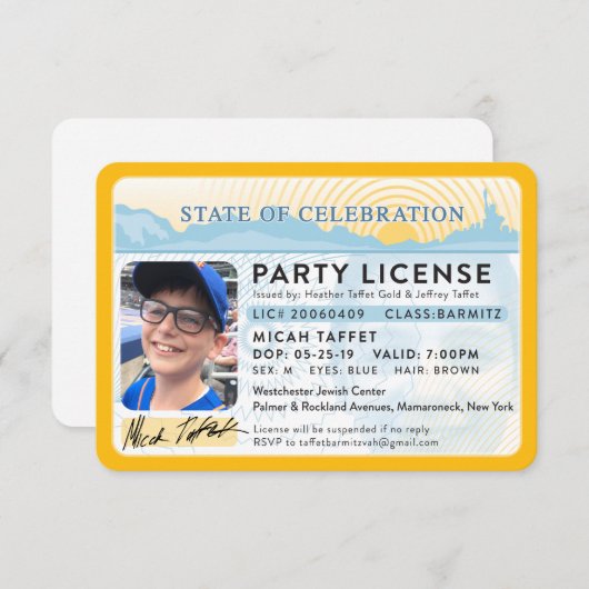 CUSTOM DESIGN Bar Mitzvah New York Party License Einladung (Vorne/Hinten)
