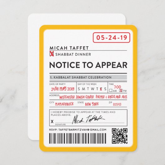 CUSTOM DESIGN Bar Mitzvah New York Ticket Einladung (Vorne/Hinten)