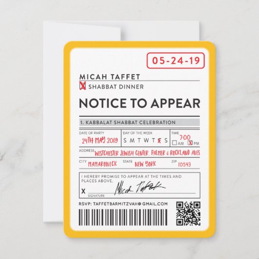 CUSTOM DESIGN Bar Mitzvah New York Ticket Einladung (Vorderseite)