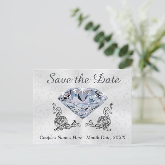 Custom Diamond Wedding Save the Date Post Cards Ankündigungspostkarte (Stehend Vorderseite)