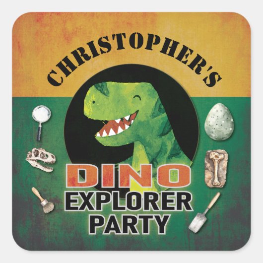 Custom Dino Explorer Dinosaur Birthday Quadratischer Aufkleber (Vorderseite)