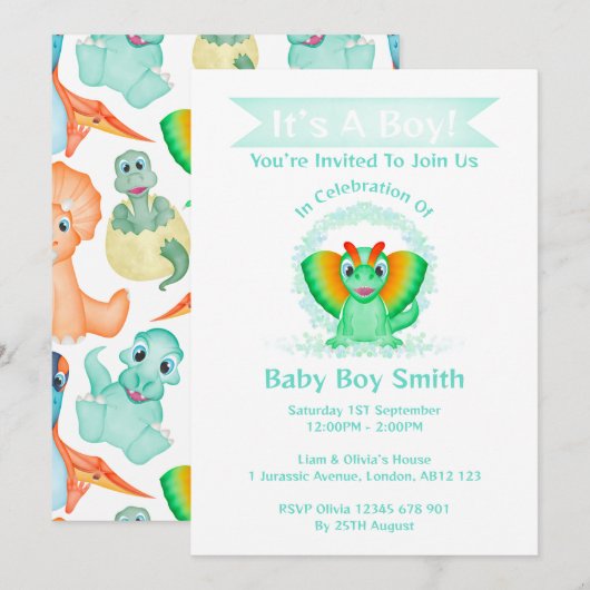 Custom Dino Watercolor Dinosaur Boy Baby Dusche Einladung (Vorne/Hinten)