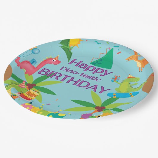 Custom Dinosaur Happy Birthday Party Pappteller (Schrägansicht)