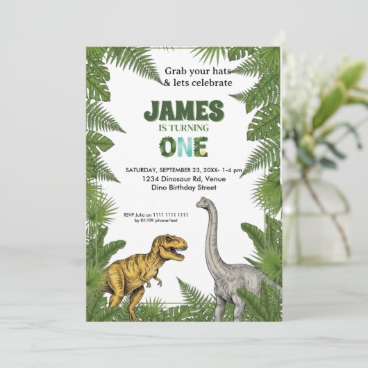 Custom Dinosaur Jungle 1st Birthday Invitation Einladung (Stehend Vorderseite)