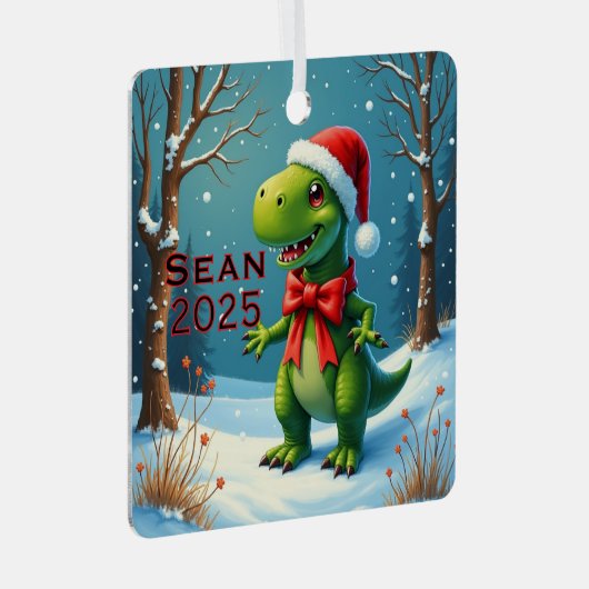 Custom Dinosaur Red Bow Ornament Aus Metall (Vorderseite Rechts)