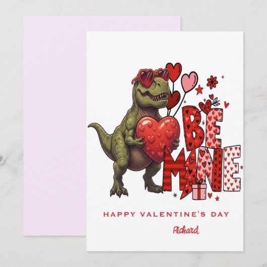 Custom Dinosaur Valentine Card – T‑Rex Be Mine Einladung (Vorne/Hinten)