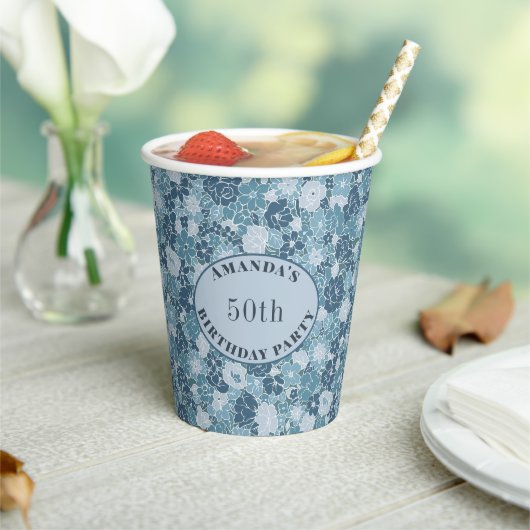 Custom Ditsy floral Muster Grau Blau Pappbecher (In Situ)