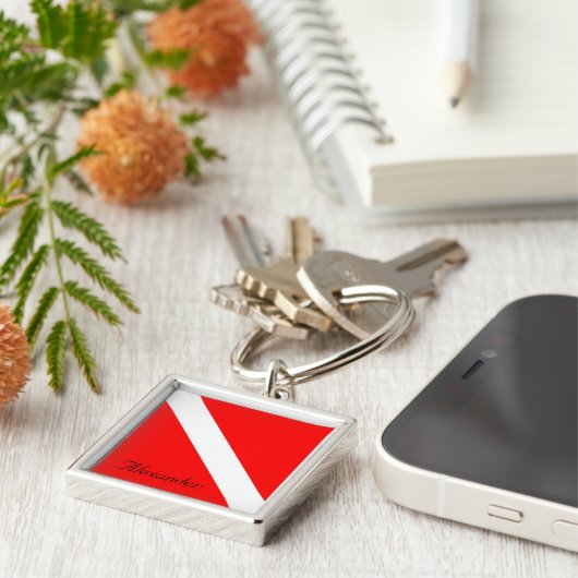 Custom Diving Down SCUBA Flag Red and White Square Schlüsselanhänger (Seite)