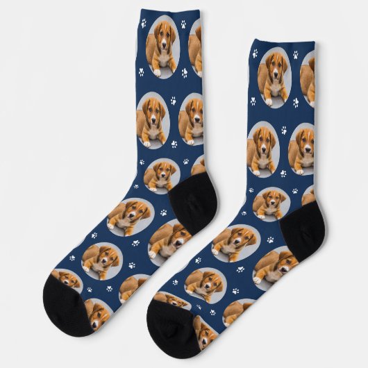 Custom Dog Foto Navy Blue Paw Print Socken (Linkes Detail)