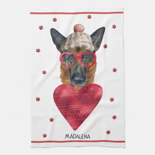 Custom Dog Lover Valentine Geschenk Deutscher Schä Geschirrtuch (Vertikal)