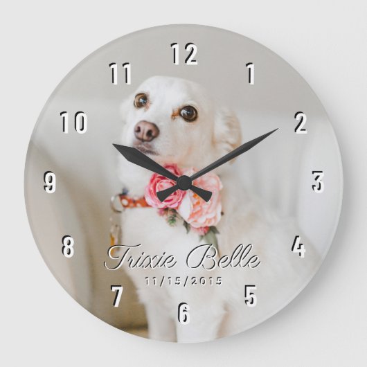 Custom Dog Pet Photo White Numbers Large Clock Große Wanduhr (Vorderseite)