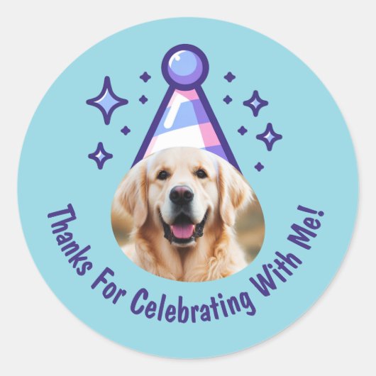Custom Dog Photo Birthday Thanks Party Hat Favors Runder Aufkleber (Vorderseite)