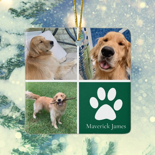 Custom Dog Photo Collage Cute Green Pet Christmas Keramikornament