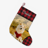 Custom Dog Photo & Name Buffalo Plaid Kleiner Weihnachtsstrumpf (Vorderansicht (hängend))