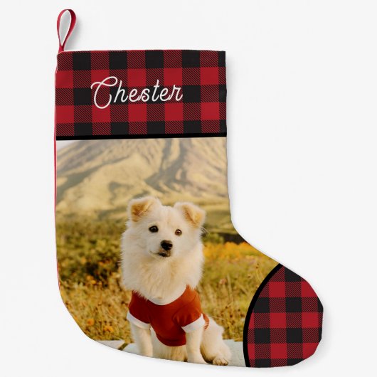 Custom Dog Photo & Name Buffalo Plaid Kleiner Weihnachtsstrumpf (Vorderseite)