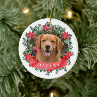 Custom Dog Photo with Name Wreath Keramik Ornament