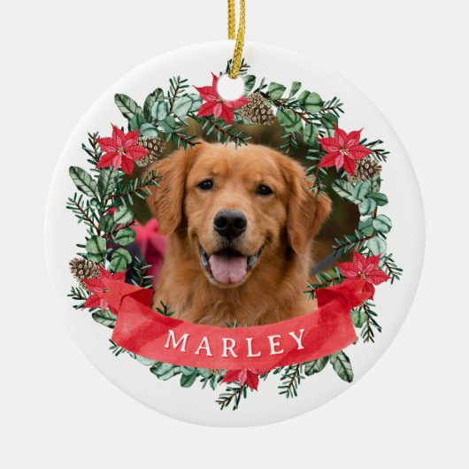 Custom Dog Photo with Name Wreath Keramik Ornament (Vorne)