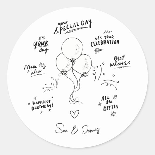 Custom Doodle Modern Balloon Happy Birthday Runder Aufkleber (Vorderseite)