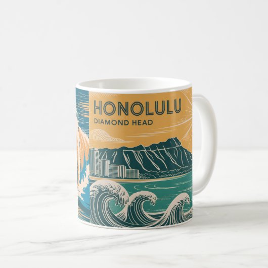 Custom Double Side Honolulu Diamond Head Surfing Kaffeetasse (VorderseiteRechts)